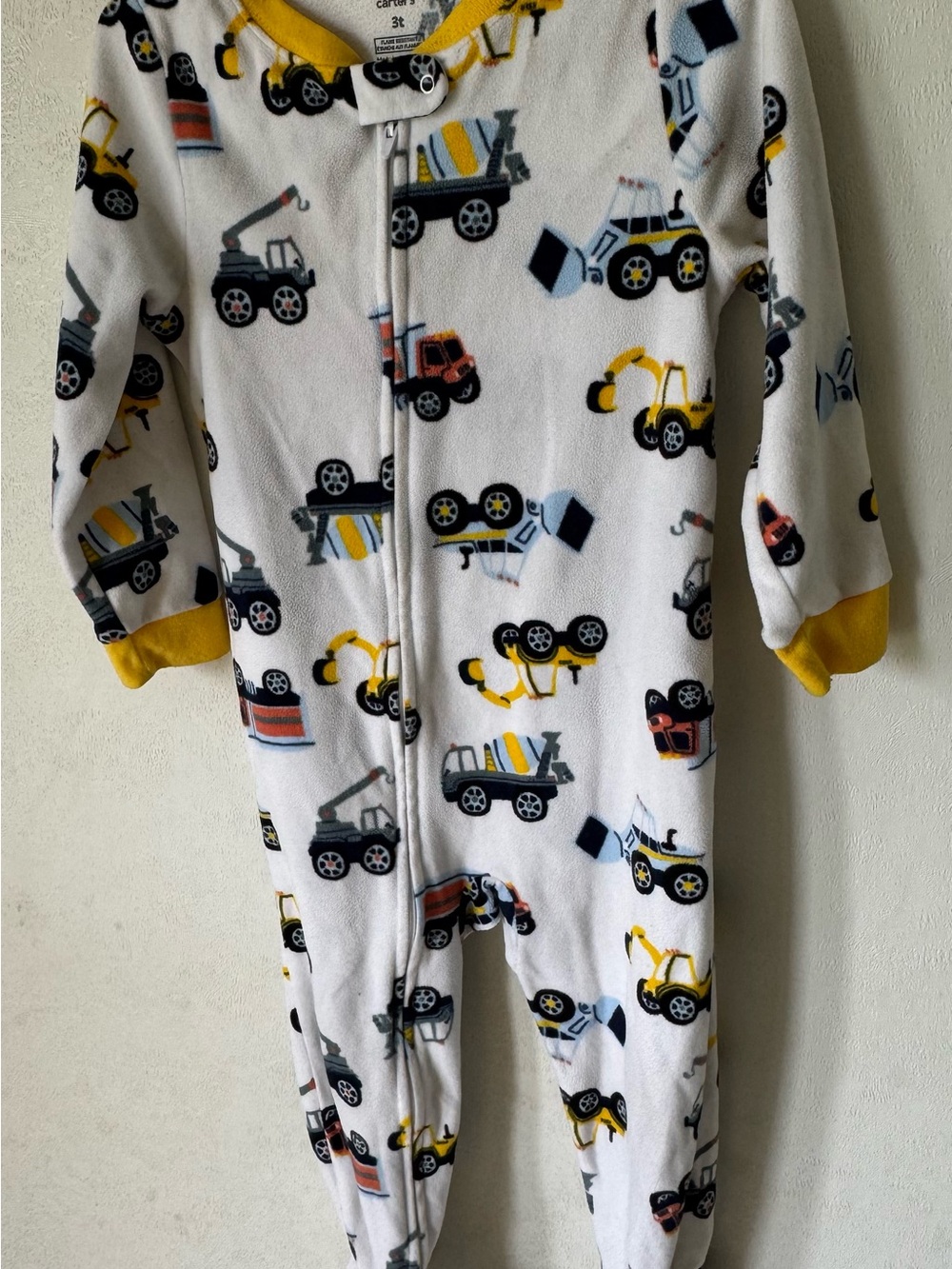 Kids Carter’s White Construction Vehicle One-Piece Pajamas with Yellow Trim 3T